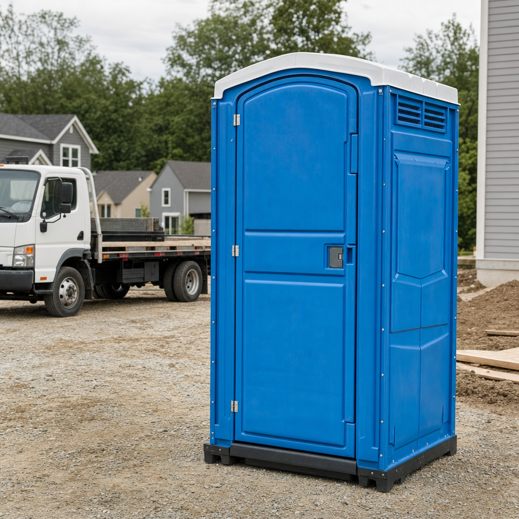 Delivery driver positioning a clean royal-blue portable toilet on level ground at a Charlotte worksite