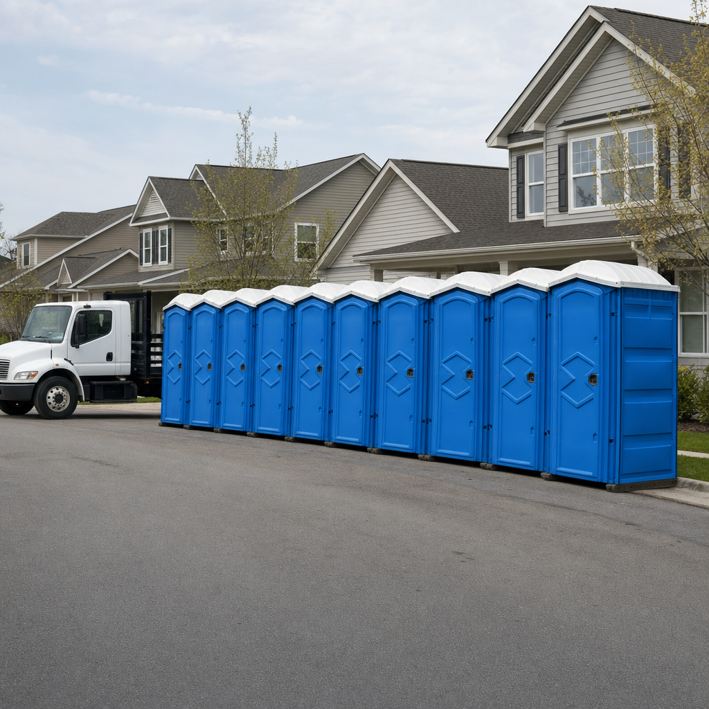 Royal blue portable toilets staged in a tidy row at a Charlotte jobsite, ready for delivery